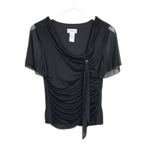 Metaphor Black Ruched Drape Top with Rhinestone Accent
